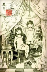 2girls animal arms_behind_back bird birdcage bow cage cat collarbone couch crossed_legs curtains dress fractal_underground_studio hair_bow hairband kneehighs long_hair looking_at_viewer mary_janes monochrome multiple_girls original plant shoes short_hair sitting sleeveless sleeveless_dress socks standing traditional_media