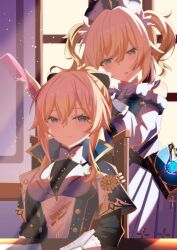 2girls absurdres barbara_(genshin_impact) bare_shoulders black_shirt blonde_hair blue_capelet blue_eyes book book_holster bow breasts brushing_another&#039;s_hair brushing_hair capelet closed_mouth comb commentary_request detached_sleeves dress drill_hair genshin_impact hair_between_eyes hair_bow hat highres holding holding_comb hydro_symbol_(genshin_impact) indoors jean_(genshin_impact) jean_(gunnhildr&#039;s_legacy)_(genshin_impact) large_breasts light_particles long_hair long_sleeves looking_at_viewer multiple_girls on_chair open_mouth pleated_dress ponytail sankaku_(maruchann32) shirt siblings sidelocks sisters sitting smile standing sunlight twin_drills twintails vision_(genshin_impact) white_dress white_hat window