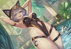 1girl absurdres adapted_costume animal_ears animal_hood armpits arms_behind_head bathhouse belt black_one-piece_swimsuit blue_eyes breasts cat_ears cat_hood cipher_(honkai:_star_rail) cleavage clothing_cutout commentary commission english_commentary fang grey_hair highres honkai:_star_rail honkai_(series) hood large_breasts navel navel_cutout one-piece_swimsuit open_mouth presenting_armpit short_hair solo stone_pillar swimsuit thigh_belt thigh_strap thighs trustyskittles