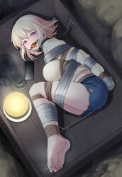 1girl absurdres arms_behind_back ave_mujica_(bang_dream!) ball_gag bang_dream! bang_dream!_it&#039;s_mygo!!!!! bare_legs barefoot bdsm blonde_hair blue_shorts blush bondage bound bound_arms bound_legs bound_toes box breasts brown_shirt cellphone collar cutoffs denim denim_shorts dirt gag highres in_box in_container iphone lamp large_breasts legs_folded long_sleeves looking_at_viewer lying medium_hair misumi_uika on_side peril phone platform_sandals purple_eyes saliva saliva_trail sandals shirt shorts smartphone soles tape toes unworn_sandals wooden_box yanx5