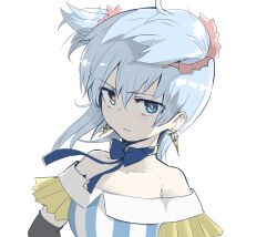1girl bare_shoulders blue_choker blue_eyes blue_hair blue_ribbon choker closed_mouth commentary_request earrings frown furrowed_brow hair_between_eyes highres jewelry long_hair looking_at_viewer magia_record:_mahou_shoujo_madoka_magica_gaiden magical_girl mahou_shoujo_madoka_magica minami_rena minami_rena_(magical_girl) ribbon ribbon_choker samidare_(hoshi) simple_background solo triangle_earrings two_side_up upper_body white_background wind