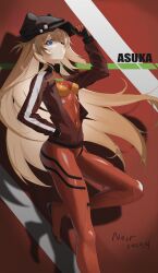 1girl blonde_hair blue_eyes bodysuit breasts cape covered_navel eyepatch highres jacket long_hair looking_at_viewer mecha_pilot_suit neon_genesis_evangelion ohjjo plugsuit_(evangelion) red_bodysuit skin_tight small_breasts solo souryuu_asuka_langley standing very_long_hair