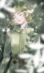1girl absurdres baixue_fuchunting belt_bag bug butterfly character_request chinese_commentary closed_eyes closed_mouth collared_shirt colored_eyelashes commentary cowboy_shot day expressionless flower forest frilled_shirt_collar frilled_skirt frills green_hair green_shirt green_skirt green_theme hair_flower hair_ornament head_tilt high-waist_skirt highres insect leaf_print leaf_tattoo long_sleeves nature neck_tattoo nikki_(series) outdoors petals pink_lips shining_nikki shirt short_hair skirt solo standing tattoo thick_lips waist_bag white_bag white_butterfly white_flower