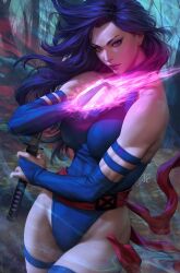 1girl armlet bare_shoulders blue_leotard breasts bridal_gauntlets commentary cowboy_shot curvy energy_blade english_commentary halter_leotard halterneck highleg highleg_leotard highres holding holding_sword holding_weapon impossible_clothes impossible_leotard jewelry large_breasts leotard long_hair looking_at_viewer marvel ninja psylocke purple_eyes purple_hair red_sash revealing_clothes sash solo stanley_lau superhero_costume sword thigh_strap tree waist_sash weapon wide_hips x-men