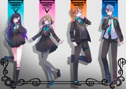 2boys 2girls absurdres aoyagi_touya azusawa_kohane black_hair black_jacket black_pants black_skirt blue_bow blue_eyes blue_hair blue_necktie bow bowtie brown_eyes brown_hair closed_mouth collared_shirt epaulettes full_body gradient_background gradient_hair hand_up highres jacket kneehighs loafers long_hair long_sleeves looking_at_viewer multicolored_hair multiple_boys multiple_girls necktie open_clothes open_jacket orange_hair pants pantyhose pleated_skirt project_sekai purple_hair ribbon rimu_1112 school_uniform shinonome_akito shiraishi_an shirt shoes short_hair skirt smile socks standing standing_on_one_leg white_shirt