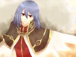 1boy blush brown_capelet cape capelet closed_mouth commentary_request grey_background hair_between_eyes latmizu long_bangs looking_at_viewer male_focus medium_hair ragnarok_online red_shirt shirt smile solo upper_body white_cape wizard_(ragnarok_online)