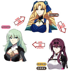 Rule 34 | 3girls, absurdres, aqua eyes, arrow (symbol), astraea (fate), astraea (first ascension) (fate), blonde hair, blue dress, blue hair, blue ribbon, breasts, cleavage, dress, eyewear on head, fate (series), female byleth (fire emblem), fire emblem, fire emblem: three houses, green hair, hair ribbon, halterneck, highres, honkai: star rail, honkai (series), itou shizuka, kafka (honkai: star rail), ludook, luviagelita edelfelt, multiple girls, nintendo, pokemon, ponytail, purple eyes, purple hair, ribbon, shirt, sidelocks, sleeveless, sleeveless dress, smile, sunglasses, upper body, voice actor connection, white background, white shirt