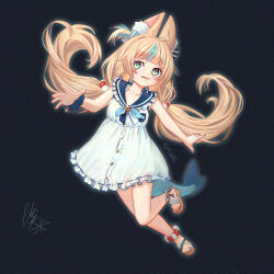 Rule 34 | 1girl, ahoge, animal ear fluff, animal ears, blonde hair, blue bow, blue eyes, blue hair, blue nails, bow, brown sandals, cat ears, closed mouth, dress, fins, fish girl, fish tail, hair bow, indie virtual youtuber, long hair, low twintails, multicolored hair, nail polish, one side up, sameko saba, sandals, sleeveless, sleeveless dress, smile, solo, streaked hair, tail, toenail polish, toenails, twintails, very long hair, virtual youtuber, waytooemily, white deess, white dress