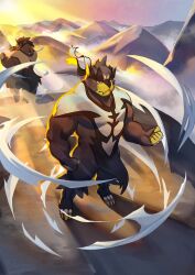 2others arange_(youhei79384157) chinese_commentary clenched_hands closed_mouth cloud commentary_request fang fighting_stance gen_8_pokemon highres legendary_pokemon looking_at_viewer looking_to_the_side mountainous_horizon multiple_others muscular nintendo pokemon pokemon_(creature) skin_fang twilight urshifu urshifu_(rapid) urshifu_(single)