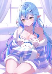 1girl ahoge blue_hair blue_jacket breasts camisole character_hair_ornament cleavage closed_mouth crossed_bangs daifuku_(yukihana_lamy) double-parted_bangs frilled_camisole frills fur-trimmed_jacket fur_trim hair_between_eyes hair_ornament hairclip hashtag-only_commentary highres holding hololive indoors jacket large_breasts long_hair looking_at_viewer messy_hair multicolored_hair nametakeko off_shoulder official_alternate_costume partially_unzipped pointy_ears polka_dot_camisole sidelocks sitting sleepwear sleeves_past_wrists smile solo straight-on streaked_hair striped_clothes striped_jacket very_long_hair virtual_youtuber white_camisole yellow_eyes yukihana_lamy yukihana_lamy_(loungewear) yukimin_(yukihana_lamy)