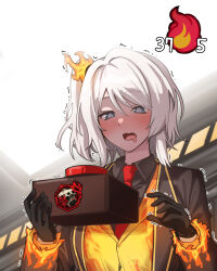1girl @_@ absurdres ardor_blossom_star_(e.g.o) black_gloves black_jacket black_shirt blue_eyes collared_shirt drooling e.g.o_(project_moon) faust_(project_moon) gloves highres holding jacket lce_(identity)_(project_moon) limbus_company mouth_drool necktie one_side_up open_mouth orange_vest project_moon push-button red_necktie roan_green shirt short_hair solo upper_body vest white_hair