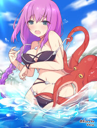 1girl absurdres artist_name bikini black_bikini braid breasts eris_(princess_connect!) eris_(summer)_(princess_connect!) grey_eyes highres kuroha_koudai large_breasts long_hair low-braided_long_hair low-tied_long_hair navel octopus open_mouth princess_connect! purple_hair single_braid swimsuit teardrop_necklace wading water