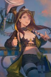 1girl :d ankh arknights belt black_belt black_jacket black_shorts cowboy_shot ear_piercing fang flower gold grey_eyes hammer head_chain high_belt highres holding holding_hammer holding_weapon hood hood_up hooded_jacket infection_monitor_(arknights) jacket jewelry long_hair looking_at_viewer midriff open_clothes open_jacket open_mouth pepe_(arknights) piercing purple_hair shorts smile solo standing teeth toxyzz two-sided_fabric two-sided_jacket upper_teeth_only weapon white_flower yellow_jacket