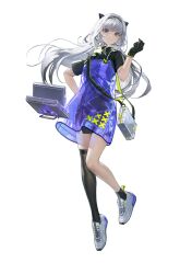 Rule 34 | 1girl, absurdres, bike shorts, black gloves, black shirt, black shorts, black socks, black thighhighs, computer, dress, echoes of vision, full body, gloves, hand on own hip, hand up, headgear, highres, leg up, long hair, looking at viewer, low twintails, official art, purple dress, purple eyes, see-through clothes, see-through dress, shirt, shoes, short shorts, short sleeves, shorts, shorts under dress, shoulder strap, single glove, single sock, single thighhigh, sneakers, socks, solo, standing, standing on one leg, suitcase, tachi-e, thighhighs, transparent background, twintails, violet (echoes of vision), white hair, white shoes
