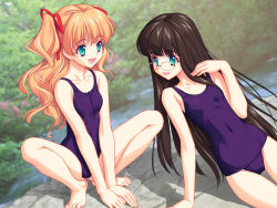 barefoot brown_hair cameltoe feet flat_chest glasses green_eyes long_hair miyama_amehiko one-piece_swimsuit orange_hair outdoors school_swimsuit swimsuit toes