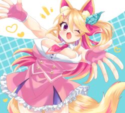 Rule 34 | 1girl, ;d, animal ears, blonde hair, borrowed character, breasts, buttons, cleavage, colored inner hair, commission, double-parted bangs, fingerless gloves, gloves, hair between eyes, hair ornament, happy, highres, large breasts, long hair, looking at viewer, multicolored hair, necktie, one eye closed, one side up, open mouth, original, outstretched arms, pink gloves, pink hair, pink necktie, pink shirt, pink skirt, purple eyes, revealing clothes, saeki (pixiv 70169809), second-party source, shirt, skirt, smile, solo, standing, two-tone hair, x hair ornament, yellow tail