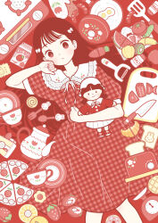 1girl banana bread bread_slice cake carrot croissant cup cutting_board doll dress feet_out_of_frame fish food fork fried_egg fruit hand_up highres holding holding_doll kiwi_(fruit) knife lemon lemon_slice long_hair looking_at_viewer original oven oven_mitts plate red_dress red_theme short_sleeves solo spatula spiral spoon strawberry teacup teapot toaster toy watermelon yoshimon