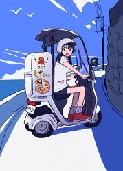 1girl black_hair blue_shorts blue_sky cloud commentary_request day delivery driving food from_behind full_body helmet highres long_hair looking_at_viewer looking_back motor_vehicle ocean original outdoors pizza pizza_delivery red_shoes road scooter shirt shoes short_sleeves shorts sitting sky socks solo takaichi_(tkch) utility_pole white_shirt white_socks