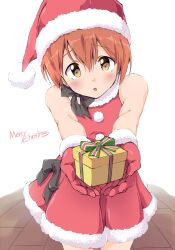 1girl :o black_bow blush bow box christmas cowboy_shot dress dress_bow english_text fur-trimmed_dress fur-trimmed_gloves fur-trimmed_headwear fur_trim gift gift_box gloves hat highres holding holding_gift hoshizora_rin incoming_gift looking_at_viewer love_live! love_live!_school_idol_project merry_christmas open_mouth orange_hair red_dress red_gloves red_hat santa_costume santa_hat sen_(sen0910) short_hair sleeveless sleeveless_dress solo standing white_background yellow_eyes