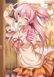 2girls :o :p artist_name blonde_hair breasts cellphone collared_shirt cosplay cowboy_shot dated hair_ornament hair_over_eyes highres idolmaster idolmaster_cinderella_girls jacket jougasaki_mika jougasaki_rika jougasaki_rika_(cosplay) large_breasts long_hair multiple_girls necktie nightgown one_eye_closed orange_skirt phone pink_hair pleated_skirt polka_dot red_ribbon ribbon scrunchie shirt short_twintails skirt smartphone sweater_vest tongue tongue_out twintails v v-shaped_eyebrows white_shirt wrist_scrunchie yellow_eyes yellow_scrunchie yoohi