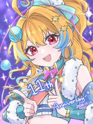 1girl ahoge blue_hair blush braid eyelashes hair_ornament hair_ribbon highres loimeerx0 monster_strike multicolored_hair nostradamus_(monster_strike) open_mouth orange_hair red_eyes ribbon side_ponytail two-tone_hair