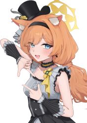 1girl absurdres animal_ear_fluff animal_ears black_dress black_hairband black_hat blue_archive blue_eyes blush cat_ears cat_girl dress earrings flower hair_between_eyes hairband hat hat_feather hat_flower highres jewelry long_hair looking_at_viewer low_twintails mari_(blue_archive) mari_(idol)_(blue_archive) official_alternate_costume official_alternate_hairstyle open_mouth orange_hair queensalmon221 ribbon sidelocks solo teeth twintails upper_teeth_only wrist_cuffs yellow_flower yellow_ribbon