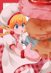 1girl absurdres apron ascot blonde_hair blue_eyes border braid braided_hair_rings chef_hat cookie earrings food gingham_skirt grid_background hair_rings hat highres holding holding_cookie holding_food jewelry mario_(series) nintendo open_mouth outside_border oven_mitts oversized_food oversized_object patissiere_peach pink_ascot princess_peach princess_peach:_showtime! puffy_short_sleeves puffy_sleeves red_border red_skirt shirt short_sleeves skirt solo twitter_username white_apron white_hat white_shirt yoshino_(q_sci)