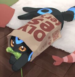 alternate_color black_eyes black_fur black_tail blue_fur cat_teaser colored_sclera commentary gen_2_pokemon glass_door indoors looking_at_viewer mouth_hold nintendo olyester orange_sclera pokemon pokemon_(creature) shiny_pokemon solo umbreon wooden_floor
