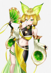 1girl absurdres animal_ears blonde_hair breasts crop_top detached_sleeves duel_monster feet_out_of_frame fox_ears fox_girl fox_tail green_eyes green_hair hand_fan highres holding holding_fan hu-li_the_jewel_mikanko long_sleeves medium_breasts midriff navel short_hair_with_long_locks smile solo tail triangle_del yu-gi-oh!