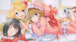 10s 4girls absurdres barefoot black_hair blonde_hair closed_eyes feet highres long_hair multiple_girls red_eyes red_hair sasami-san@ganbaranai scan school_uniform siblings tiv tsukuyomi_sasami yagami_kagami yagami_tama yagami_tsurugi