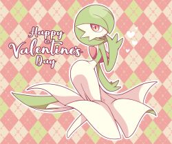 1girl all_fours argyle_background artist_name ass bob_cut closed_mouth colored_skin colorful_background english_text female_focus finger_to_mouth from_behind gardevoir gen_3_pokemon green_hair green_skin hair_over_one_eye hand_up happy happy_valentine heart heart_in_eye k.z.r knees_together_feet_apart looking_at_viewer looking_back multicolored_skin narrow_waist nintendo one_eye_covered outline pokemon pokemon_(creature) profile red_eyes short_hair shushing sideways_mouth signature smile solo symbol_in_eye two-tone_skin valentine white_outline white_skin