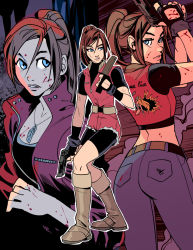 Rule 34 | 1girl, ass, belt, bike shorts, blue eyes, blue pants, breasts, brown belt, brown hair, capcom, claire redfield, denim, fingerless gloves, gloves, gun, handgun, highres, jacket, large breasts, long hair, looking at viewer, pants, ponytail, red jacket, resident evil, resident evil - code: veronica, resident evil 2, resident evil 2 (remake), short shorts, shorts, sleeveless, sleeveless jacket, solo, vashperado, weapon