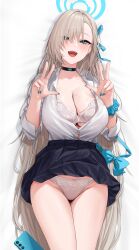 1girl absurdres asuna_(blue_archive) black_choker black_skirt blonde_hair blue_archive blue_bow blue_eyes blue_nails blue_wrist_cuffs blush bow bra breasts choker cleavage collared_shirt frilled_wrist_cuffs frills halo highres lace lace_bra large_breasts looking_at_viewer mole mole_on_breast open_clothes open_mouth open_shirt pleated_skirt school_uniform shirt single_wrist_cuff skirt solo underwear w wanne white_shirt wrist_cuffs