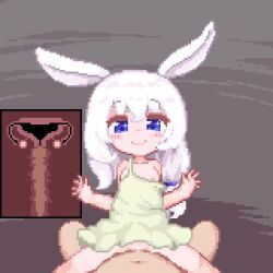 1boy 1girl animal_ears animated asymmetrical_hair blue_eyes blush censored clothed_female_nude_male cowgirl_position cross-section cum cum_in_pussy cum_overflow dress ejaculation flat_chest girl_on_top hetero hinainf internal_cumshot loli long_hair looking_at_viewer low_ponytail mosaic_censoring nipples nude one_breast_out original penis ponytail pov pov_crotch rabbit_ears rabbit_girl sex smile solo_focus spread_legs straddling sundress tagme uterus vaginal video white_dress white_hair