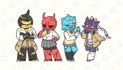 4boys bear black_eyes bow cardigan chibi crossdressing crossed_arms dragon drinking hand_on_own_hip headphones headphones_around_neck high_socks juice_box kamen_rider kamen_rider_den-o_(series) kintaros kntk0714 leg_warmers male_focus momotaros monster monster_boy multiple_boys one_eye_closed oni orange_eyes ponytail purple_hair red_eyes ribbon ryutaros school_uniform shirt shirt_tied_around_waist skirt smile star_(symbol) star_symbol_background tank_top turtle urataros white_shirt wink