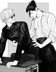 2boys black_jacket black_pants border closed_mouth desk getou_suguru gojou_satoru grey_background greyscale grin hair_between_eyes hair_bun highres jacket jujutsu_kaisen leaning_forward light_blush male_focus medium_hair monochrome multiple_boys ogata69 open_clothes open_shirt pants plug_(piercing) round_eyewear school_desk shirt short_hair smile sunglasses teeth upper_body white_border white_shirt yaoi