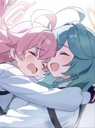 Rule 34 | 2girls, ahoge, aqua hair, aqua necktie, backlighting, black gloves, blue archive, blush, breasts, chest harness, closed eyes, collared shirt, crying, double-parted bangs, fang, fingerless gloves, flying teardrops, gloves, hair intakes, halo, harness, highres, hoshino (blue archive), hug, large breasts, long hair, long sleeves, multiple girls, necktie, open mouth, pink hair, pink halo, puffy long sleeves, puffy sleeves, shirt, smile, streaming tears, tears, vector (dmlddmld00), white background, white shirt, yellow halo, yume (blue archive)