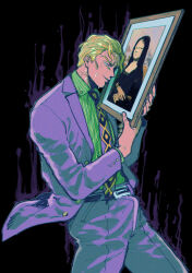 1boy blonde_hair cheekbones collared_shirt commentary diamond_wa_kudakenai fine_art_parody formal_clothes highres holding_painting jojo_no_kimyou_na_bouken kira_yoshikage mona_lisa necktie oniyama831 painting_(object) parody purple_suit shirt short_hair solo suit sweat