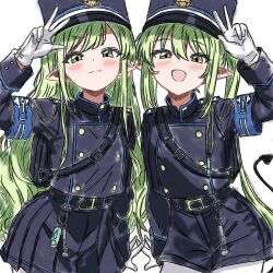 2girls :d arm_up armband black_jacket black_shorts black_skirt blue_archive blue_armband blush closed_mouth coco_chino commentary_request contrapposto cowboy_shot fang green_hair hair_between_eyes hatching_(texture) hikari_(blue_archive) jacket linear_hatching long_hair long_sleeves looking_at_viewer multiple_girls nozomi_(blue_archive) open_mouth pantyhose partial_commentary pleated_skirt pointy_ears shorts simple_background sketch skin_fang skirt smile split_mouth standing v w white_background white_pantyhose yellow_eyes