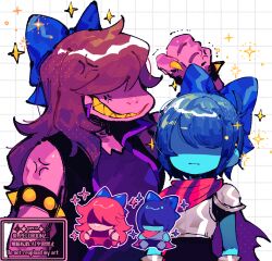 1girl 1other anger_vein angry armlet armor black_bodysuit blue_bow blue_hair blue_ribbon blue_skin bodysuit bow breastplate cape chibi clenched_hand closed_mouth colored_skin colored_teeth covered_eyes deltarune english_text fingernails grey_armor grin hair_bow hair_over_eyes hair_ribbon jewelry kris_(dark_world)_(deltarune) kris_(deltarune) multiple_views pink_skin purple_hair purple_shirt purple_skin red_cape repikinoko reptile_girl ribbon sharp_teeth shirt short_hair smile spiked_armlet susie_(dark_world)_(deltarune) susie_(deltarune) teeth upper_body watermark yellow_nails yellow_teeth