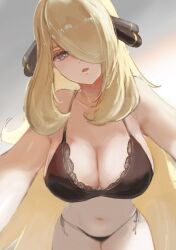 1girl black_bra black_eyes black_panties blonde_hair bra breasts cleavage cowboy_shot cynthia_(pokemon) grey_background hair_over_one_eye highres lace lace_bra large_breasts long_hair navel nintendo panties pokemon pokemon_dppt ringosan2329 side-tie_panties simple_background solo underwear very_long_hair