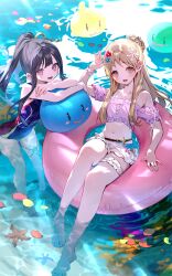 Rule 34 | 2girls, :d, afloat, arm up, atelier (series), atelier resleriana, atelier totori, bikini, bikini under clothes, black hair, blonde hair, blue one-piece swimsuit, brown hair, bukurote, cropped shirt, flower, frilled thigh strap, full body, hair flower, hair ornament, highres, innertube, long hair, looking at viewer, microskirt, mimi houllier von schwarzlang, multiple girls, navel, non-web source, official art, one-piece swimsuit, open mouth, outdoors, partially submerged, petals, petals on liquid, pink shirt, ponytail, puni (atelier), purple eyes, shirt, sitting, skirt, smile, sunlight, swim ring, swimsuit, thigh strap, totooria helmold, water, wrist cuffs