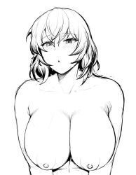 1girl :o blush breasts commentary_request completely_nude greyscale hair_between_eyes huge_breasts kazami_yuuka looking_at_viewer monochrome nipples nude open_mouth sadahiro_(chicken_nugget_gyuuniku_aji) short_hair simple_background solo touhou upper_body