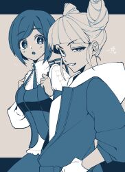 2girls :o absurdres backpack bag blue_theme blunt_bangs breasts collared_shirt commentary_request cone_hair_bun cowboy_shot double_bun frilled_shirt frilled_sleeves frills fukurai_azami gloves hair_bun half-closed_eye hands_up highres jumpsuit long_sleeves looking_at_viewer medium_breasts monochrome multiple_girls open_mouth puffy_sleeves remonni shirt short_hair smile standing tomarigi_yasumi toshi_densetsu_kaitai_center uneven_eyes