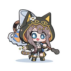 1girl :d arknights between_fingers black_shorts blue_eyes blush bright_pupils brown_hair chibi chibi_only coin commentary_request fang full_body hammer holding holding_hammer holding_weapon hood hood_up korean_commentary long_hair long_sleeves looking_at_viewer malrangdonut neck_ribbon no_nose open_mouth over_shoulder pepe_(arknights) ribbon shorts sidelocks simple_background smile solo sparkle standing weapon weapon_over_shoulder white_background white_pupils white_ribbon