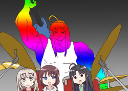 3girls ahoge awa_subaru bocchi_the_rock! drum drum_set electric_guitar girls_band_cry gorumosu guitar instrument iseri_nina kawaragi_momoka multiple_girls muscular muscular_female necktie parody rainbow_gradient shirt sleeveless sleeveless_shirt