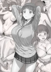 1girl 3boys a1_(initial-g) arms_around_neck bar_censor bob_cut breasts censored commentary_request fellatio greyscale hair_ornament hairclip hetero highres kirigaya_suguha large_breasts leg_lock mating_press miniskirt monochrome multiple_boys neckerchief nipples oral penis pleated_skirt sailor_collar school_uniform sex short_hair skirt sword_art_online