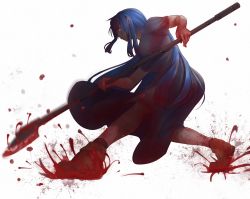 axe blood blood_in_hair blood_on_clothes blood_splatter bloody_weapon blue_hair brown_footwear degtyaryov2952 dress highres holding holding_axe long_hair naraku naraku_2 pool_of_blood red_eyes torn_clothes very_long_hair weapon white_background