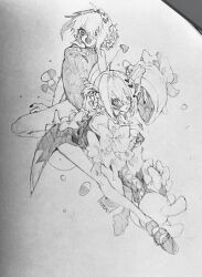 0_5en 2girls graphite_(medium) hair_over_one_eye highres multiple_girls open_mouth original pill ribbon sitting traditional_media