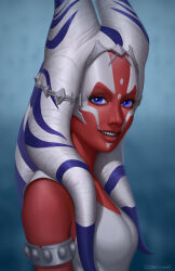 1girl alien armlet blue_eyes breasts colored_skin dimorali jewelry looking_at_viewer red_skin shirt signature sleeveless sleeveless_shirt small_breasts solo star_wars togruta upper_body white_shirt